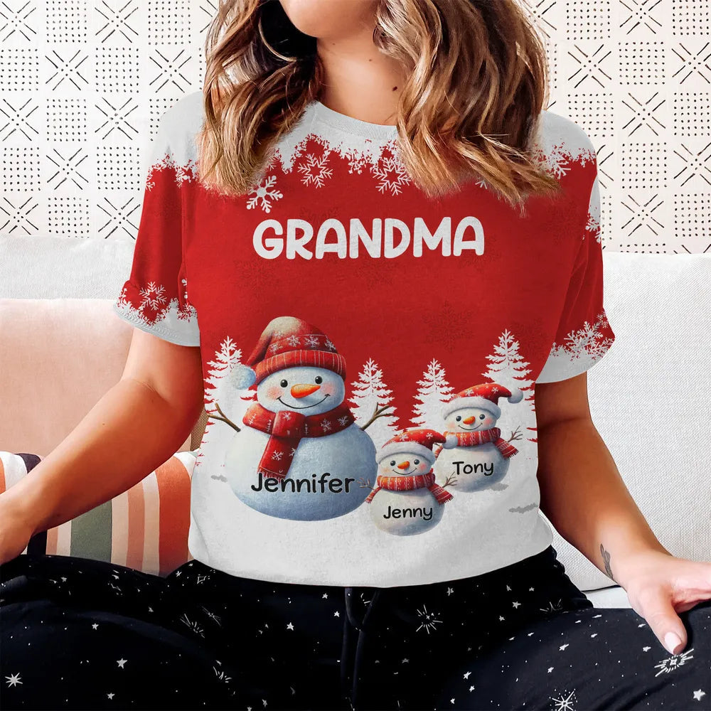 Classic Tee - Snowman Grandma Christmas Design, Soft Cotton, Snowy Forest Scene, a unique gift for Grandma