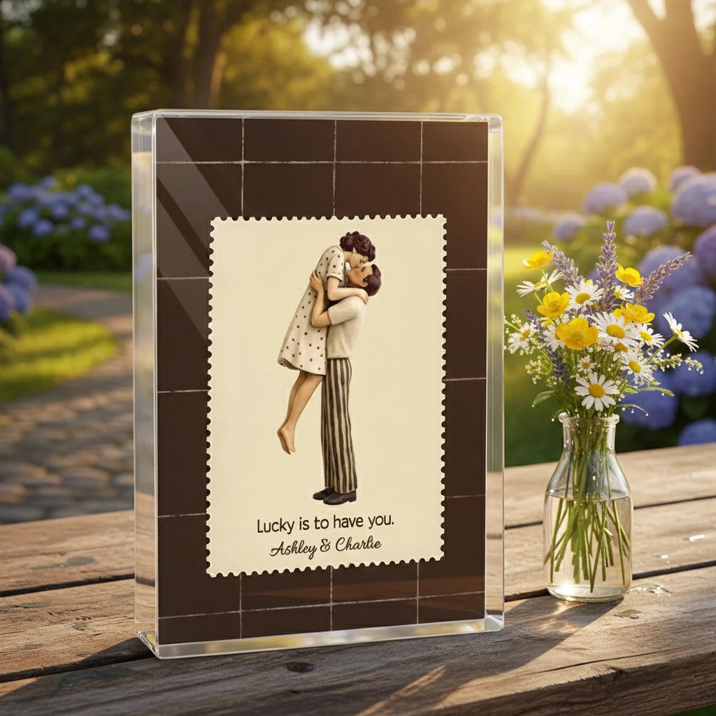 Lucky Is To Have You Rectangle Acrylic Block Plaque, Mid-Century Kiss Couple Desk Decor, Unique Valentine's Day Gift