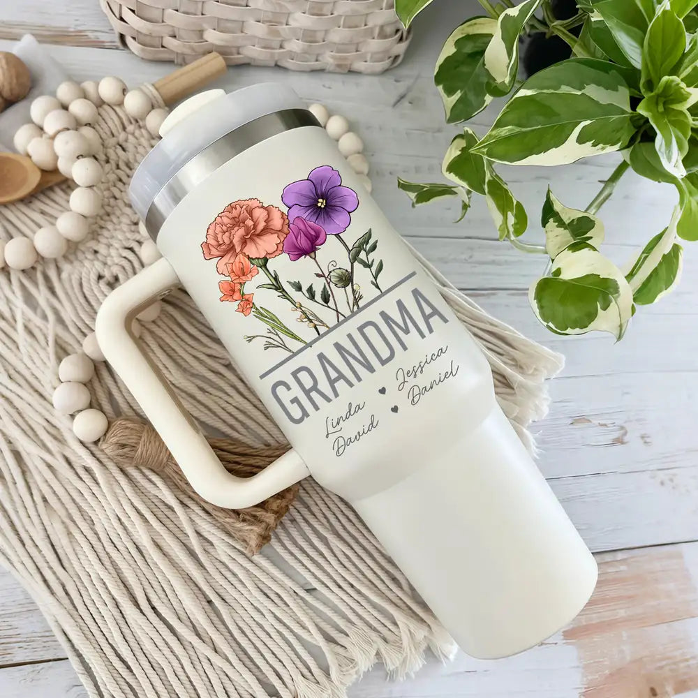 Floral 40oz Tumbler with Handle – Custom Gift for Nana, Perfect for Mother’s Day