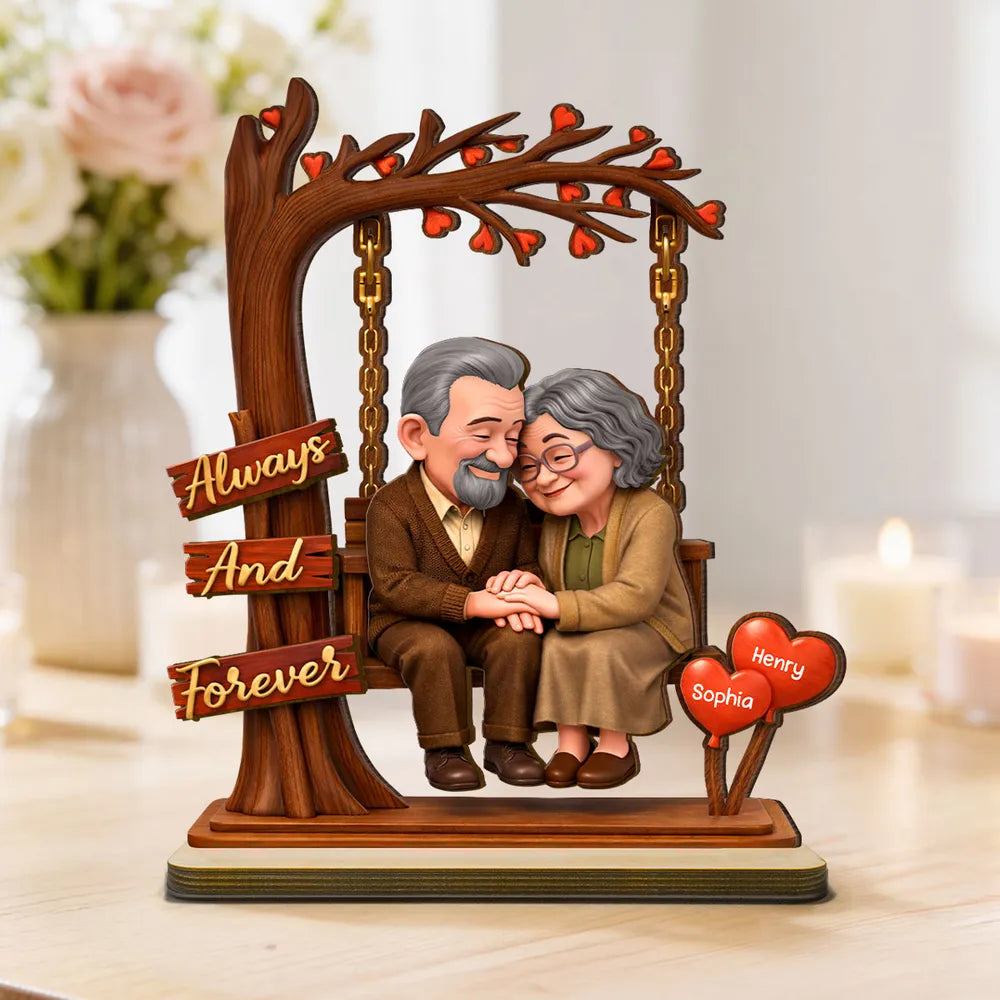 Personalized 2-Layer Wooden Plaque with Elderly Couple Holding Hands Under Heart Tree, Always And Forever Unique Gift