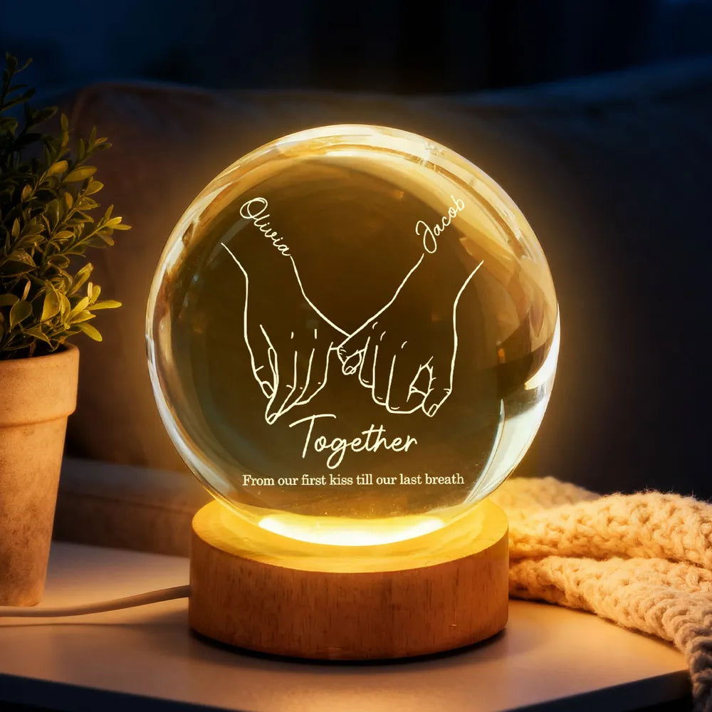 Personalized Globe Lamp with Interlocked Hands Quote Nightstand Decor, Unique Romantic Gift for Couples