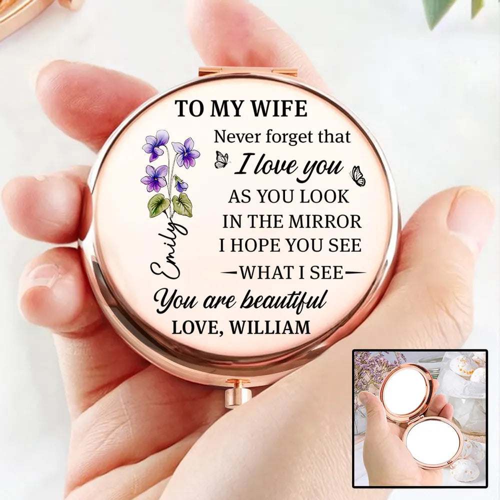 Metal Compact Mirror with Sweet Mirror Message for Wife, Personalized Touch, Purple Floral Design, Thoughtful Gift for Her