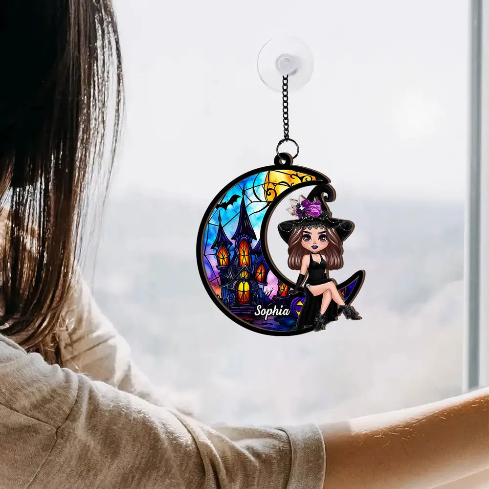 Wood and Acrylic Layered Ornament – Whimsical Moonlight Witch Design, Perfect Gift for Halloween Lovers
