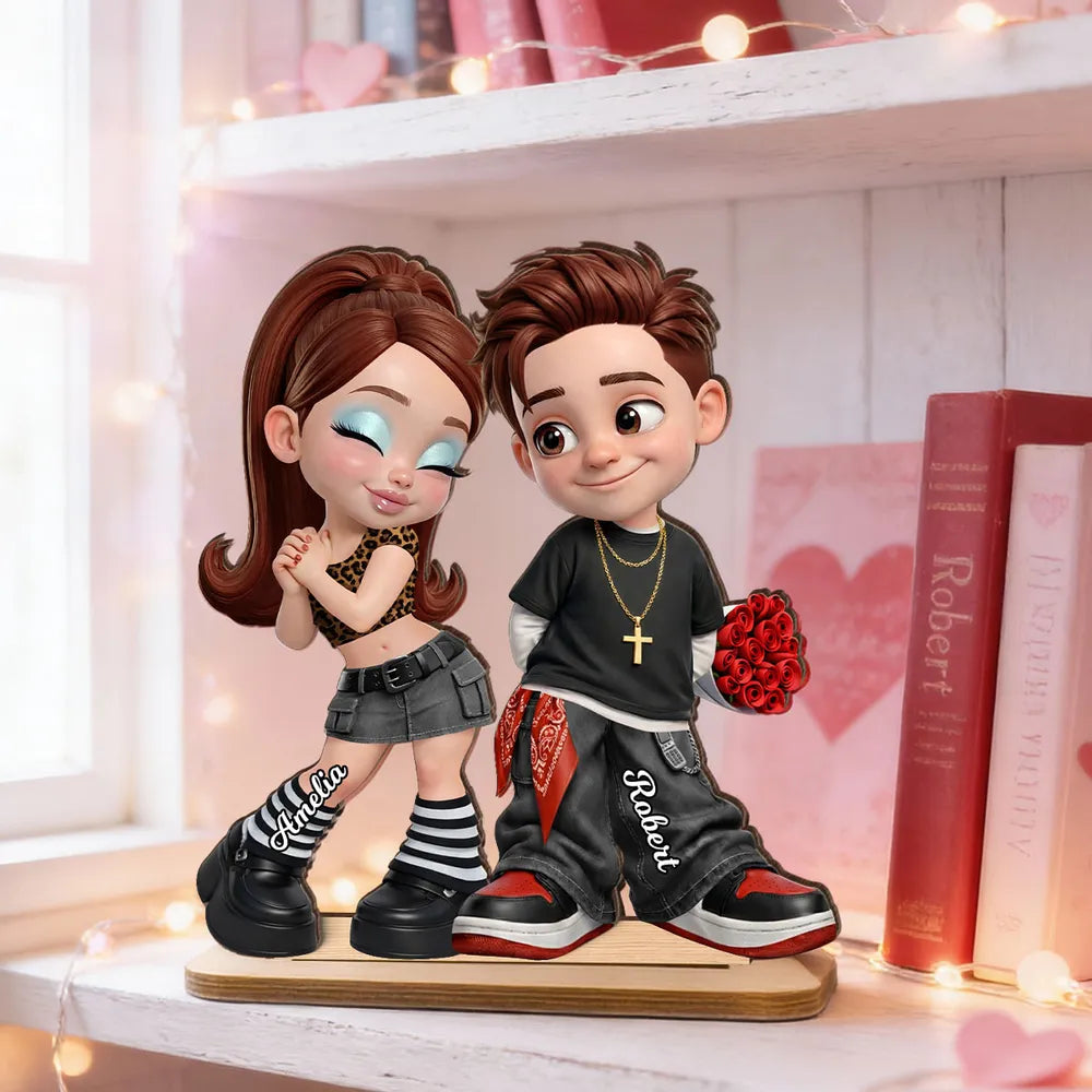Personalized 2-Layer Wooden Plaque Y2K Style Couple Holding Roses, Unique Gift for Him or Her, Sweet Romantic Desk Decor