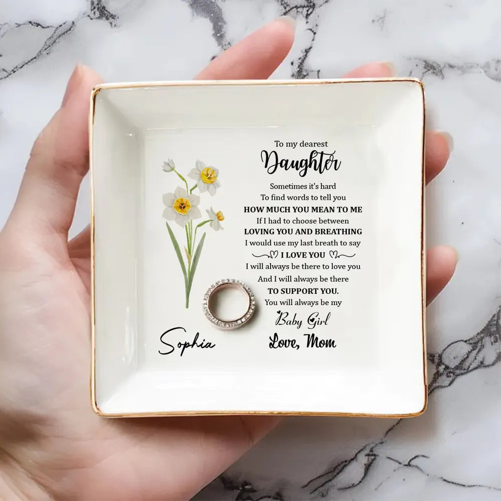 Jewelry Dish for Daughter, Personalized Keepsake Tray with Love Note and Purple Flower, Sweet Gift from Mom