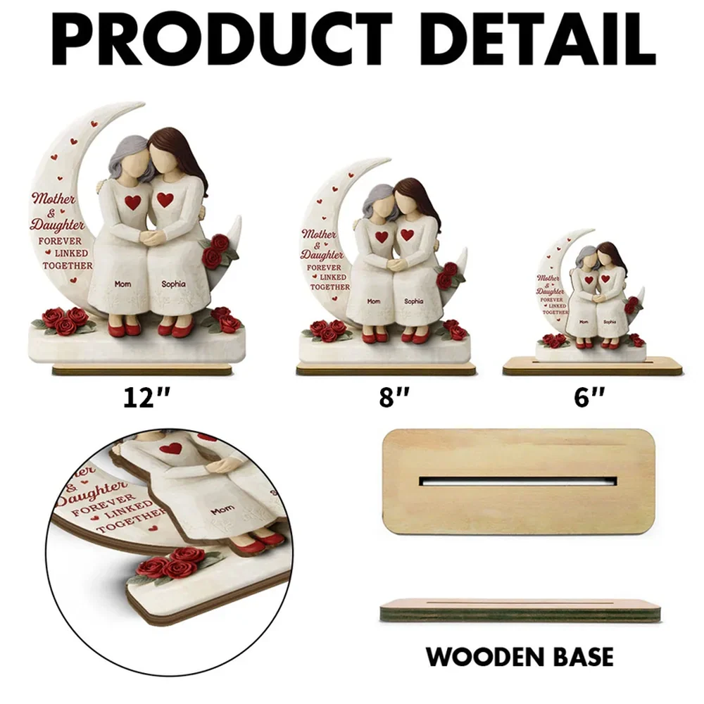 Personalized 2-Layer Wooden Plaque Mother & Daughter Forever Linked Together, Hugging Figurines with Roses, Unique Gift for Mom