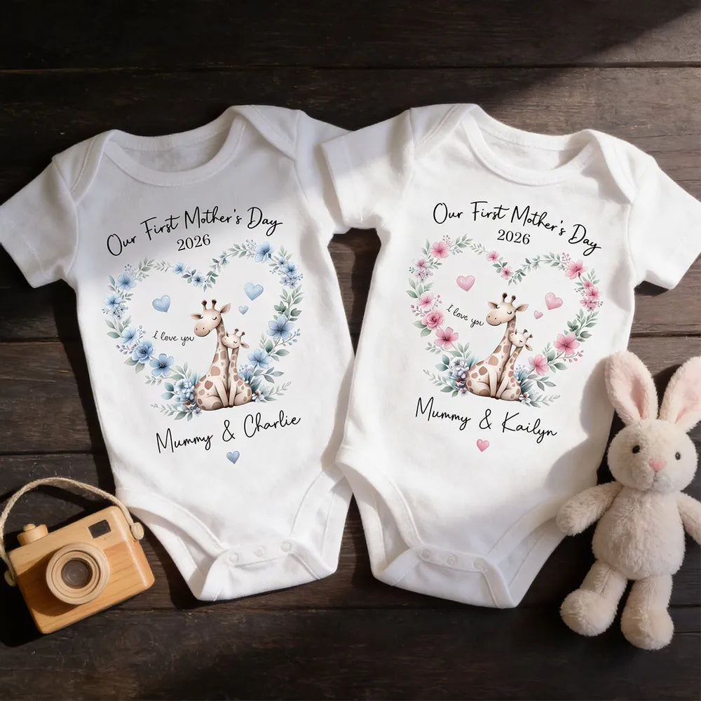 Short Sleeve Baby Onesie Personalized for First Mother's Day, Blue Floral Giraffe Mom and Baby, Sweet Photo-Ready Gift