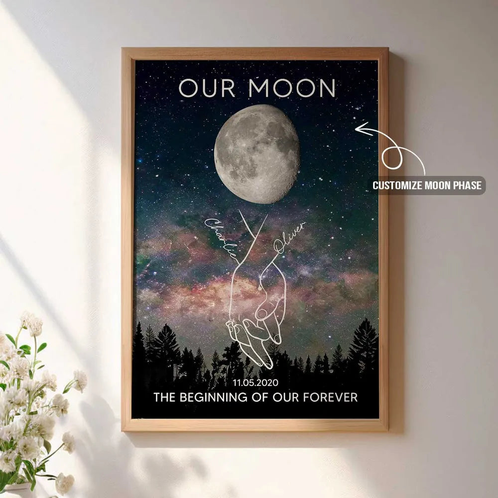Personalized Moon Phase Poster, Couple Holding Hands Line Art on Starry Sky Wall Art, Unique Romantic Gift