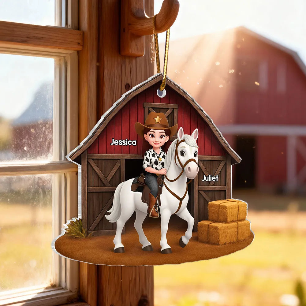 Acrylic Ornament, Cowgirl Riding Horse at Red Barn, Custom Farm Scene, a unique gift for Horse Lovers & Kids