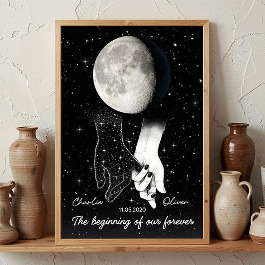 Personalized Moon Phase Couple Holding Hands Poster, Starry Night Wall Art, Unique Romantic Gift for Couple