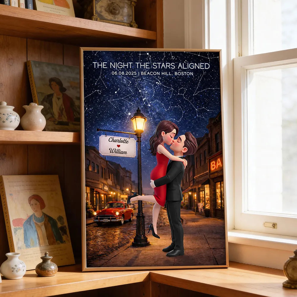 Personalized Star Map Couple Kissing Poster for Anniversary Decor, Night the Stars Aligned, Unique Gift for Couple