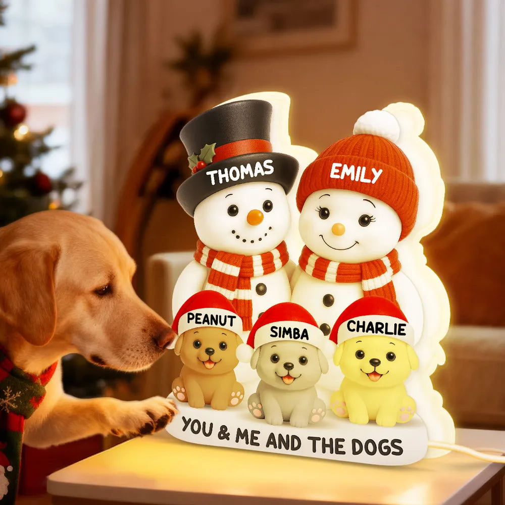 Snowman Family & Pets Acrylic Light Box – Warm Holiday Decor, Perfect Gift for Couples and Pets Lovers