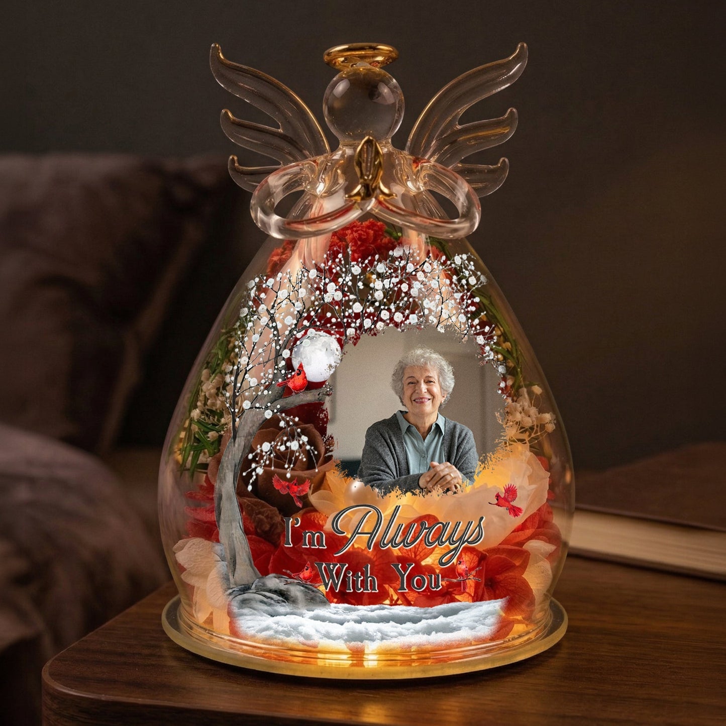 Personalized LED Floral Angel Figurine With Photo, 'I'm Always With You' Keepsake, Unique Memorial Gift