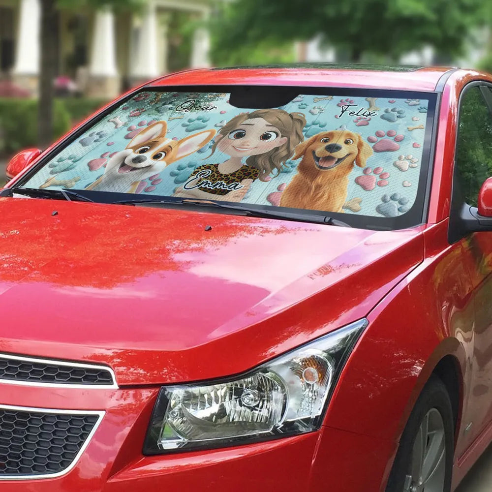Custom Dog & Owner Windshield Sunshade – Paw-Print Car Accessory for Pet Lovers