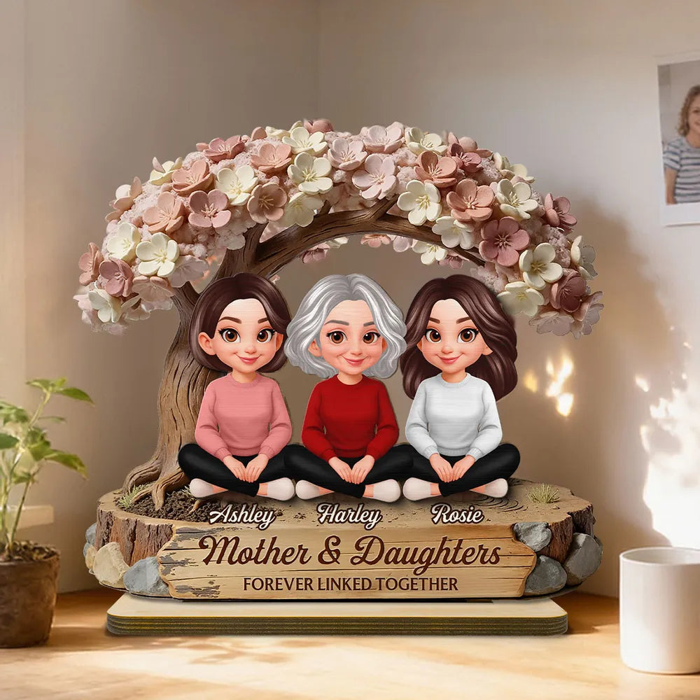 Mother & Daughters Forever Linked Together 2-Layer Wooden Plaque, Personalized Family Keepsake Gift for Mom