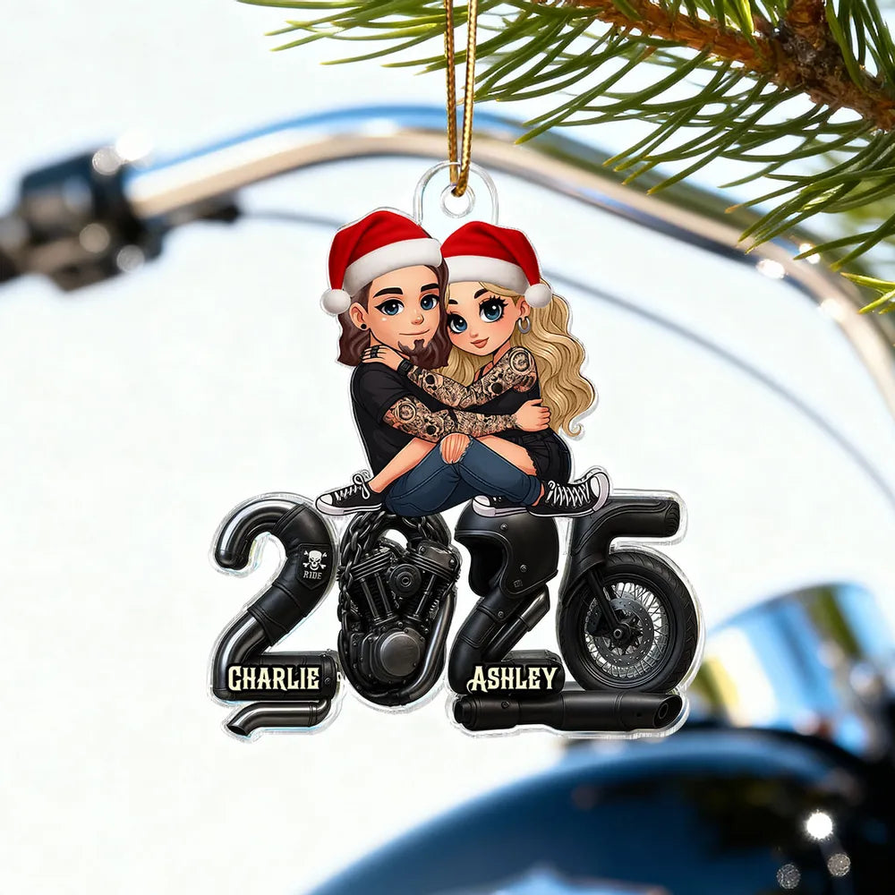 Cute Romantic Acrylic Ornament of a Hugging Biker Couple, Personalized Christmas Ornament, Sweet Unique Gift for Him or Her
