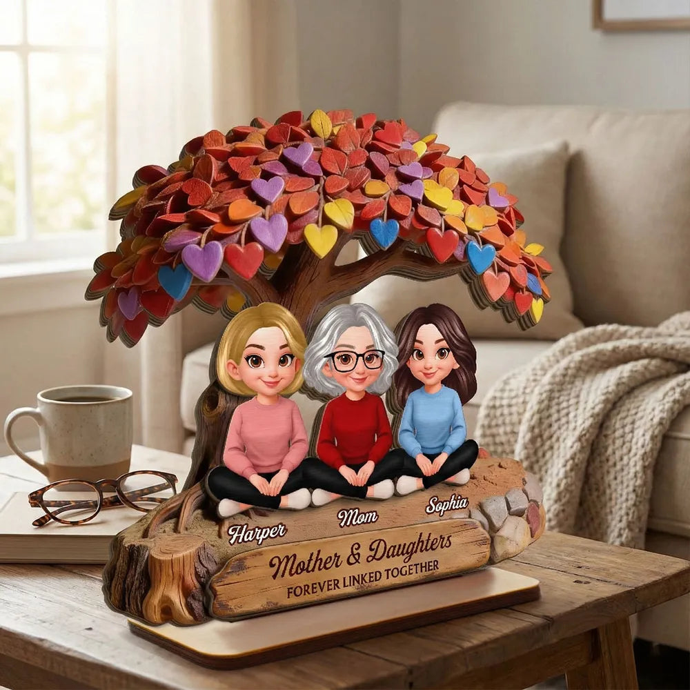 Personalized 2-Layer Wooden Plaque with Mom and Daughters Under Colorful Heart Tree - Unique Gift for Mom, Sweet Family Keepsake
