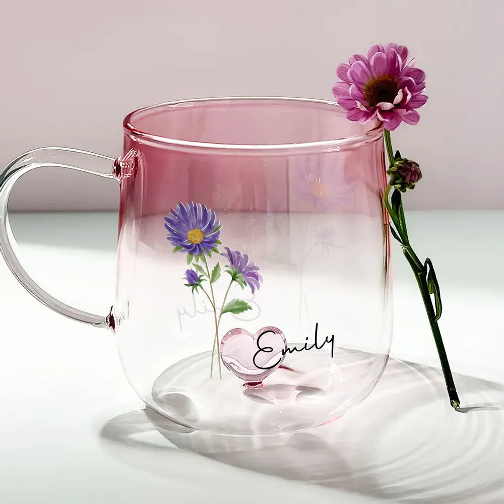 Gradient Glass Mug with Floral Print and Heart-Shaped Base, Elegant Gift Choice