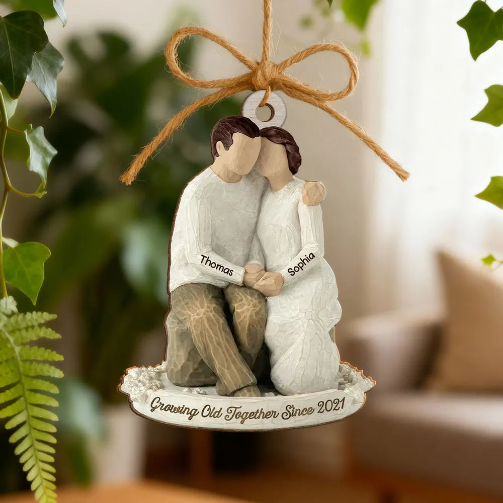 Custom Romantic Wooden Ornament with Cuddling Couple, Cozy Holiday Tree Decoration, Meaningful Unique Gift for Him & Her