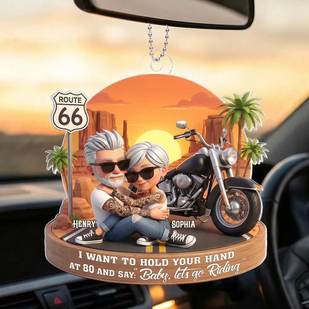 Acrylic Car Hanger Personalized Romantic Road Trip Scene Baby Let's Go Riding Quote - Cute Car Mirror Decor Gift for Couples