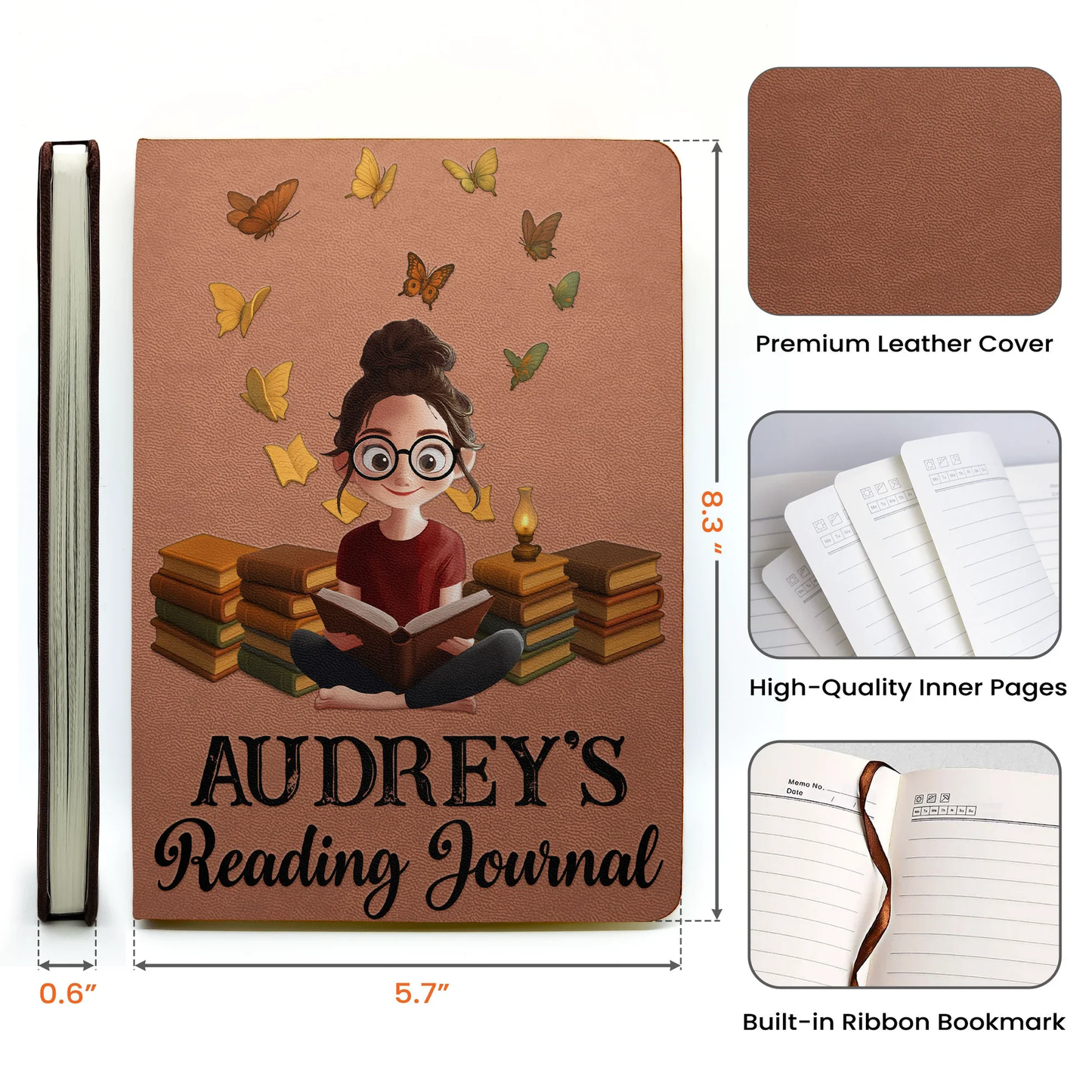 Reading Journal Leather Journal, Personalized Name Cover, Cozy Bookish Gift for Her and Avid Readers