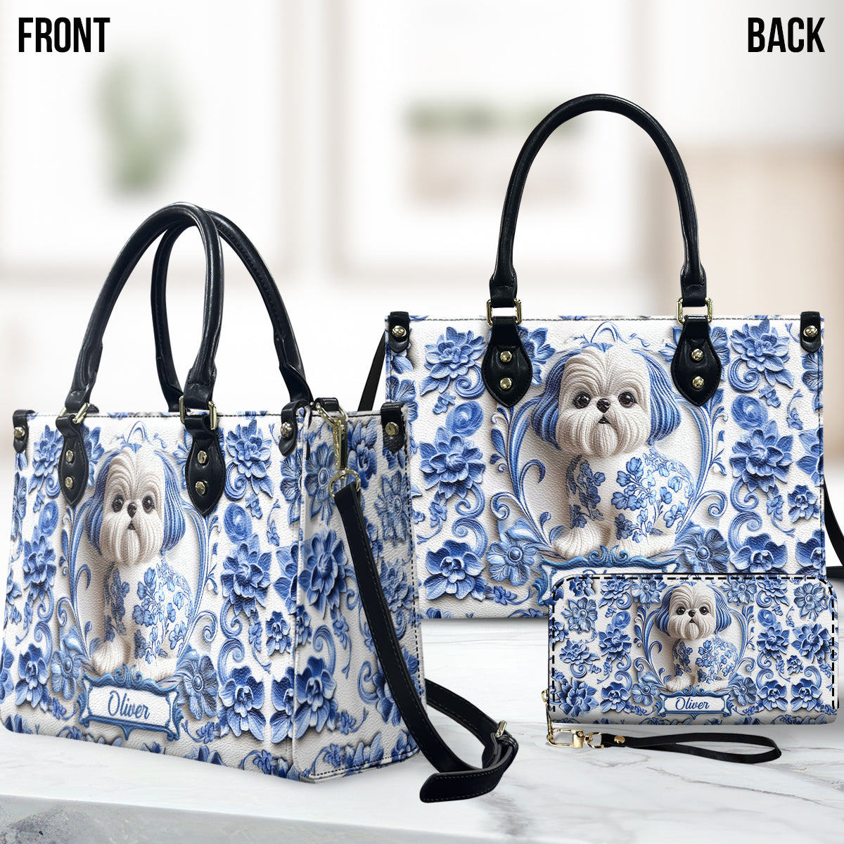 Cute Dog Shih Tzu - Personalized Dog Leather Handbag & Leather Long Wallet