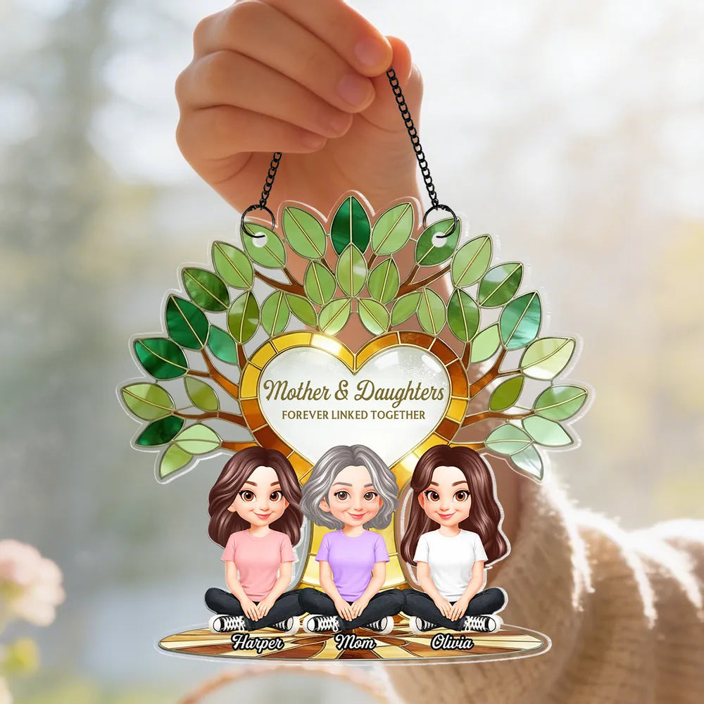 Acrylic Suncatcher Ornament with Mother and Daughters Forever Linked Together - Personalized Sunlit Window Gift for Mom