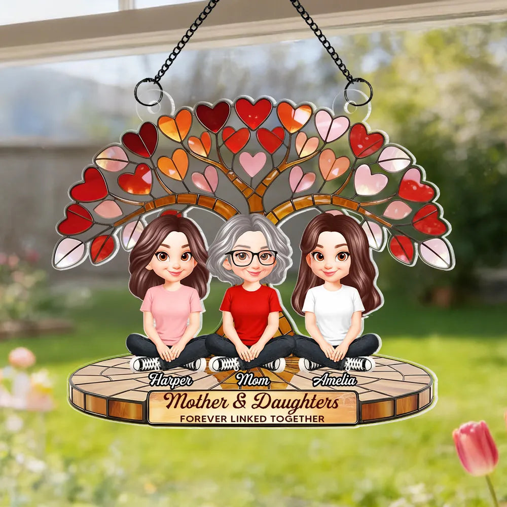 Personalized Acrylic Suncatcher Ornament Mother & Daughters Heart Tree Window Decor, Unique Gift for Mom