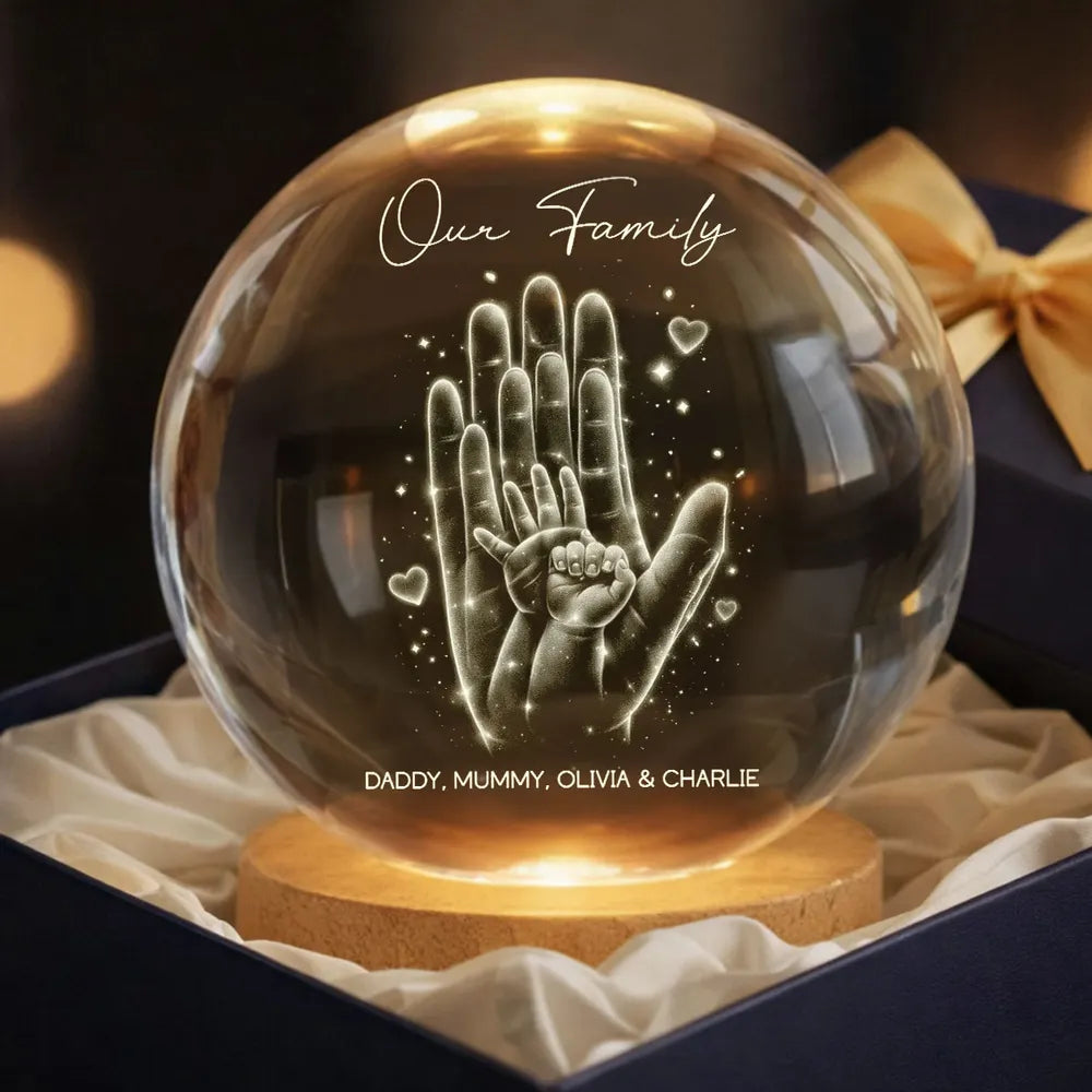 Personalized Crystal Ball LED Night Light with Family Handprint Glow, Cozy Nightstand Decor, Unique Gift for Mom & Dad
