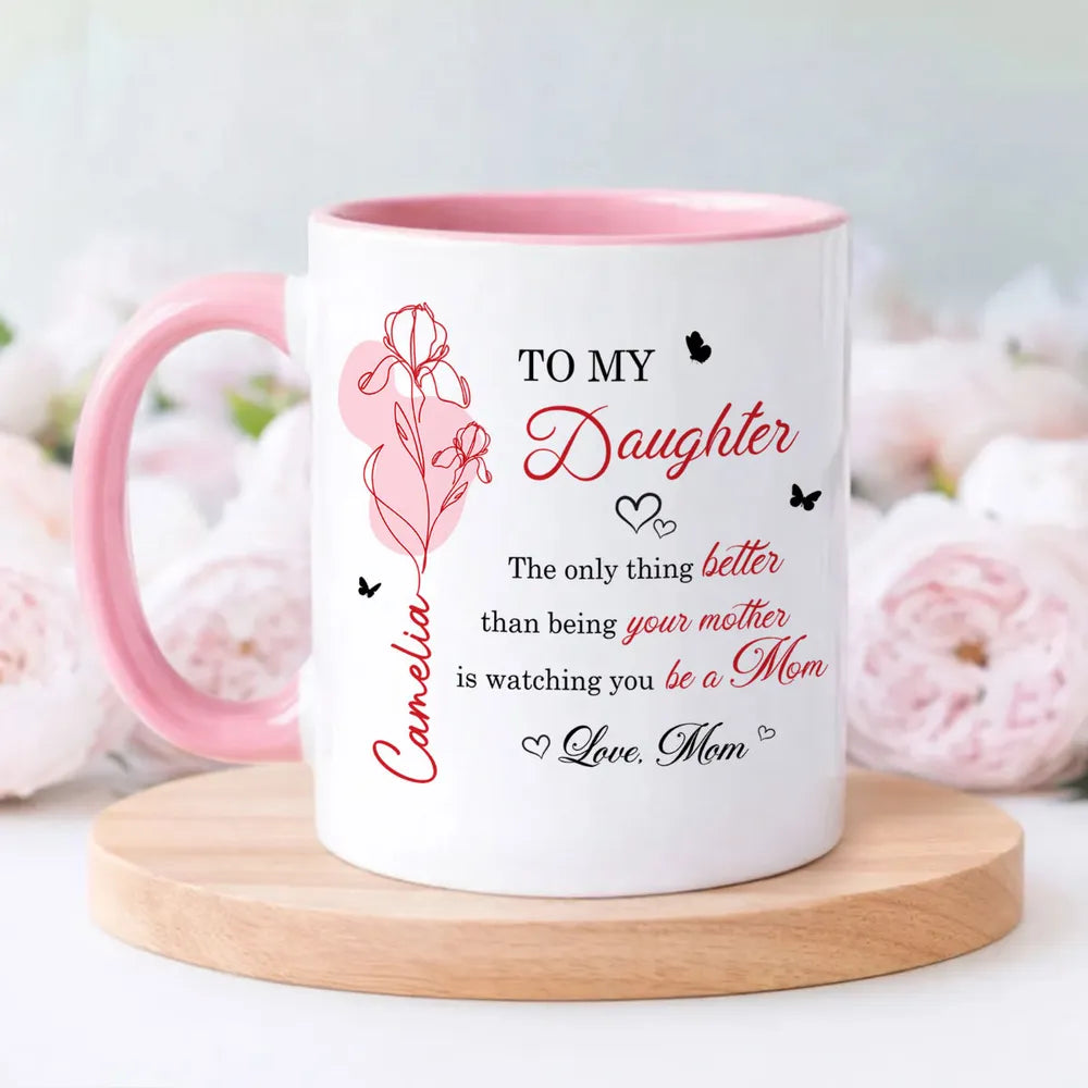 Personalized Ceramic Mug with Heartfelt Daughter Quote and Floral Line Art, Unique Mother's Day Gift from Mom