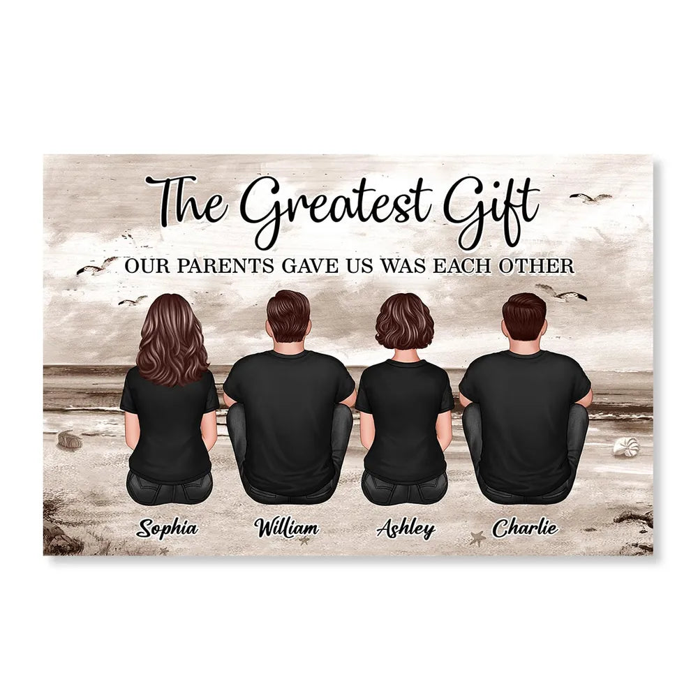 Personalized Siblings Beach Poster, Custom Back-View Illustration Wall Art, Nostalgic Unique Gift for Sister or Brother
