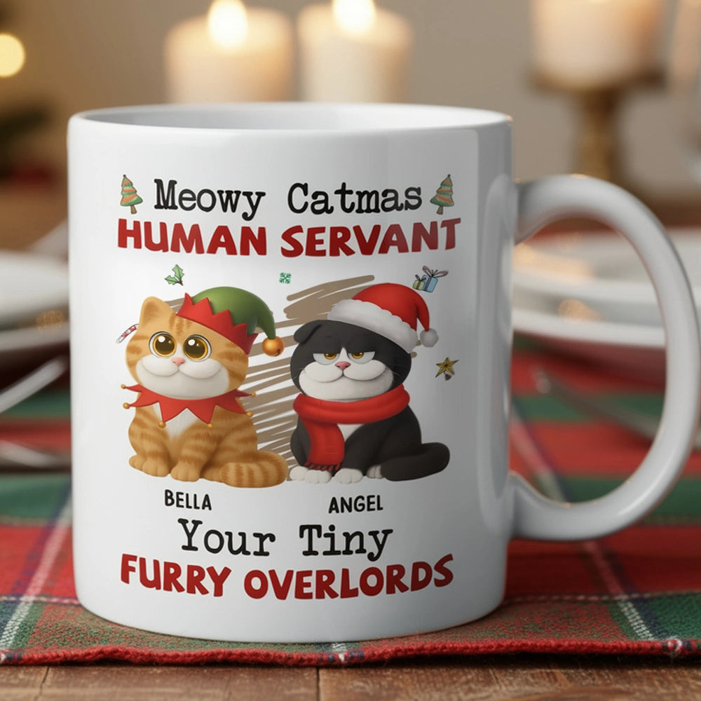 Personalized White Ceramic Mug for Cat Lovers – Meowy Catmas Tiny Furry Overlords Design – Funny Custom Gift for Your Human Servant