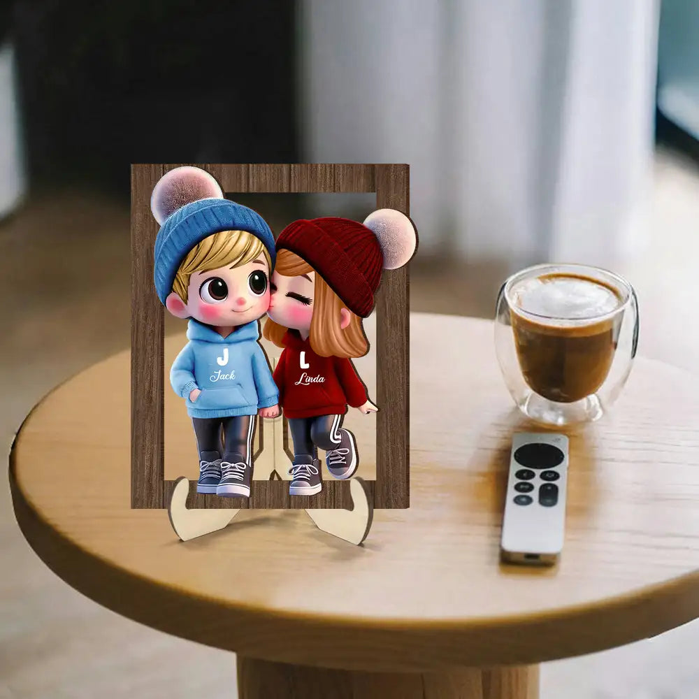 Personalized Couple 2-Layer Wooden Plaque – Custom Cartoon Couple Design with Names, Perfect Gift for Couples