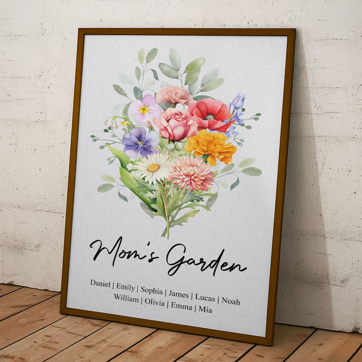 Personalized Birth Flower Bouquet Poster for Mom's Garden - Watercolor Family Keepsake, Unique Gift for Mom or Grandma