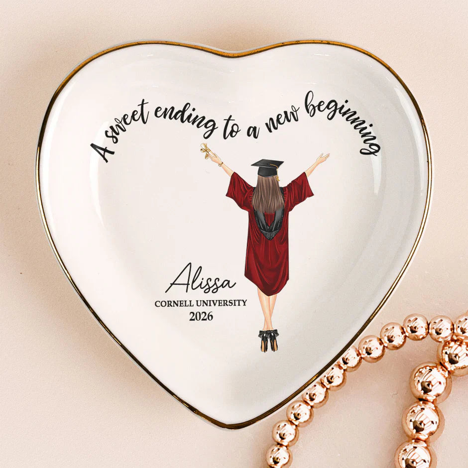 Personalized Graduation Jewelry Dish with 'A sweet ending to a new beginning' Quote, Unique Keepsake Gift for Her