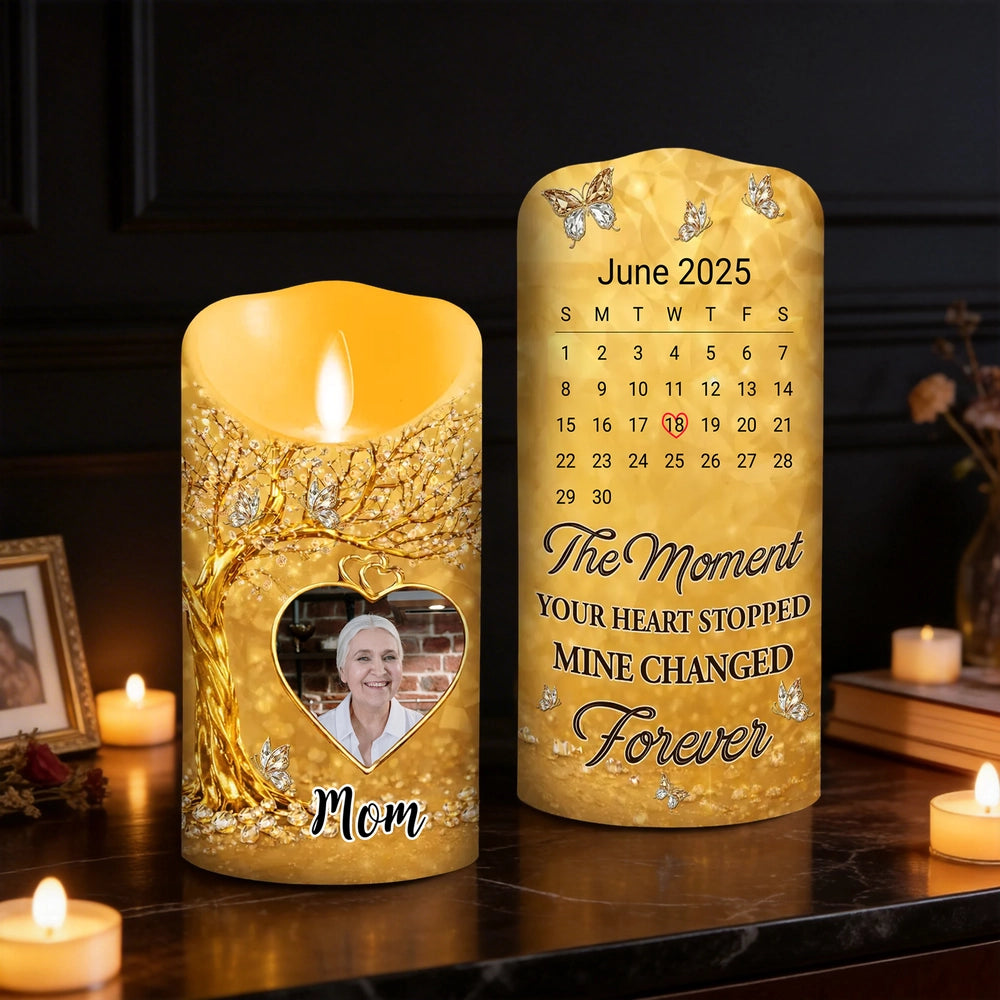 Personalized Flameless LED Candle with Photo Calendar Heart Date Warm Glow Memorial Keepsake Unique Gift for Mom