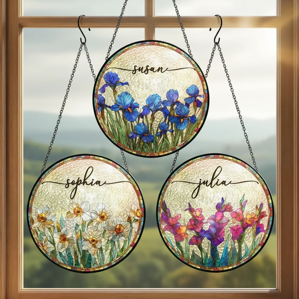Personalized Birth Flower Glass Suncatcher Ornament for Window Display, Bright Stained Glass Style, Unique Gift for Mom