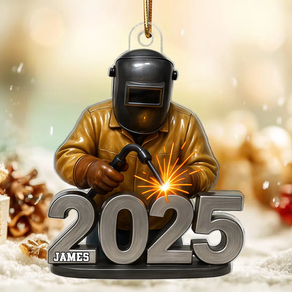 Welder Ornament with Helmet & Torch, Holiday Tree Decor with Bright Sparks, a unique gift for Metalworkers & Mechanics