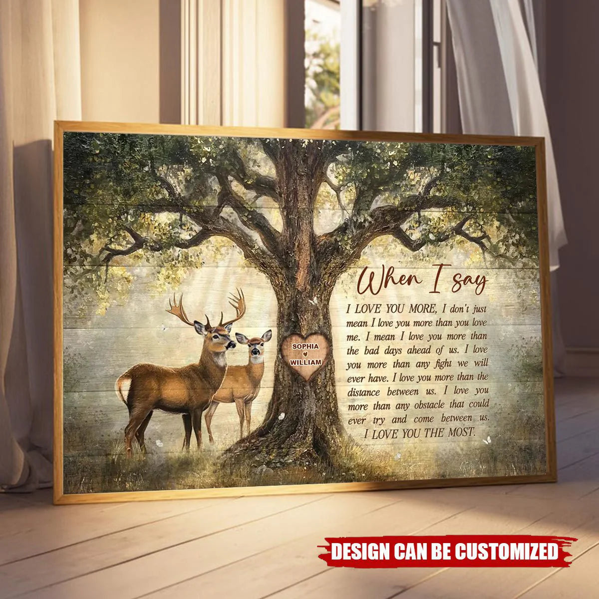 Custom I Love You More Quote Poster with Deer Couple Under Tree, Cozy Neutral Wall Decor, Unique Gift for Couple