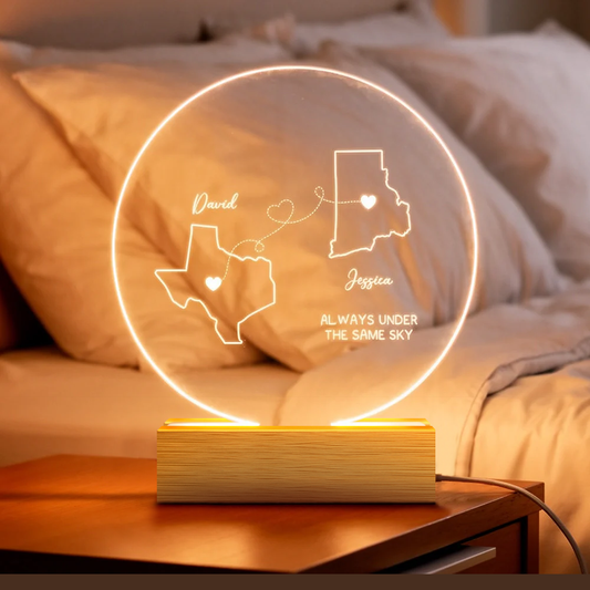 Personalized Long Distance Map LED Light Plaque, Always Under The Same Sky, Unique Couple Gift for Cozy Ambient Decor