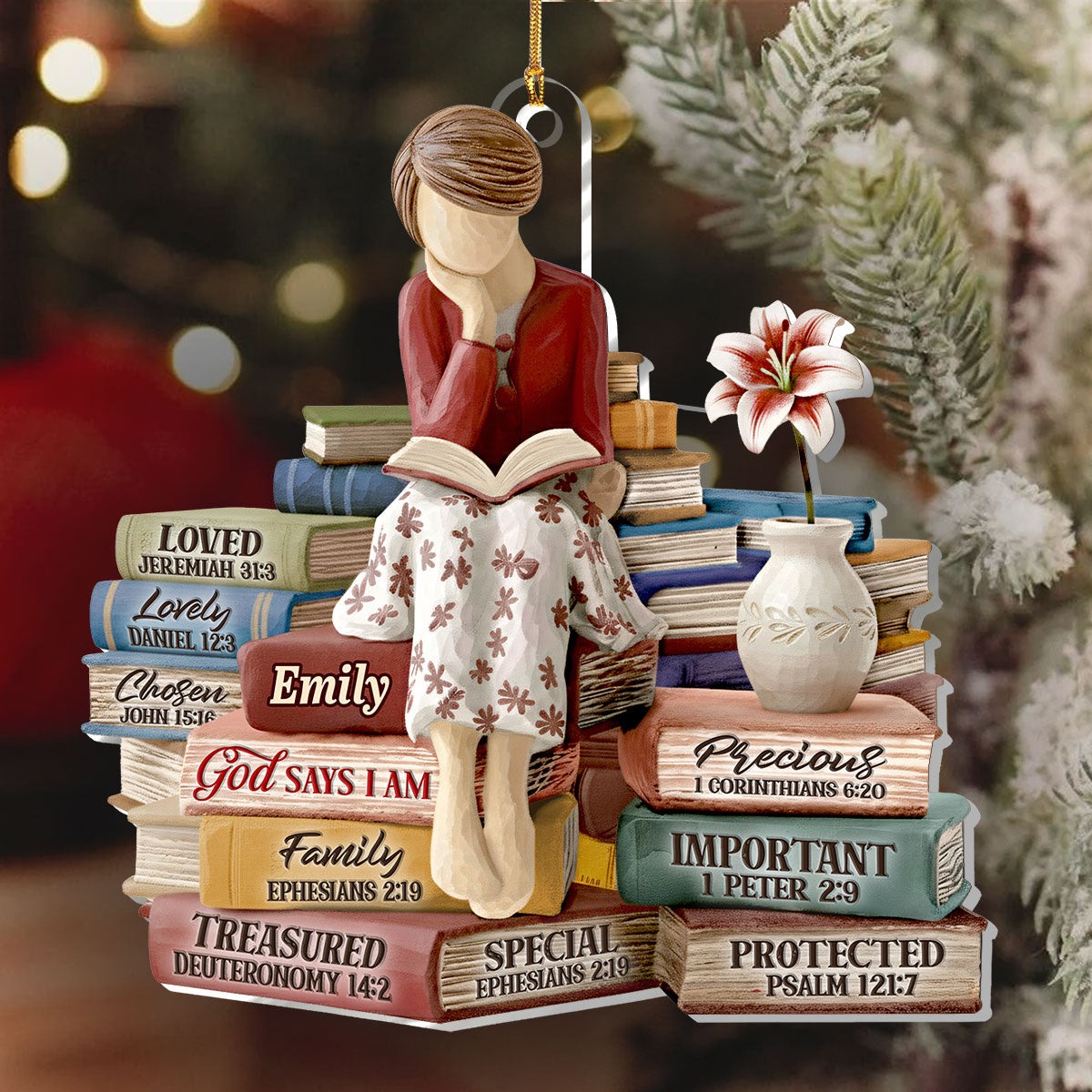 Personalized Acrylic Ornament with Reading Woman and Faith Books – Unique Christian Gift and Christmas Tree Decor