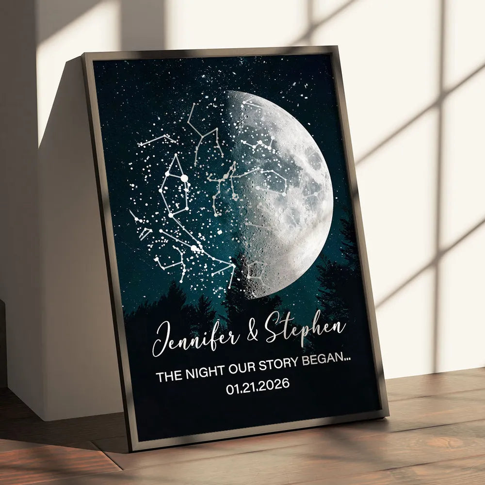 Personalized Moon Phase Star Map Poster for a Couple, Night Sky Wall Art, Unique Romantic Gift for Anniversary or Wedding
