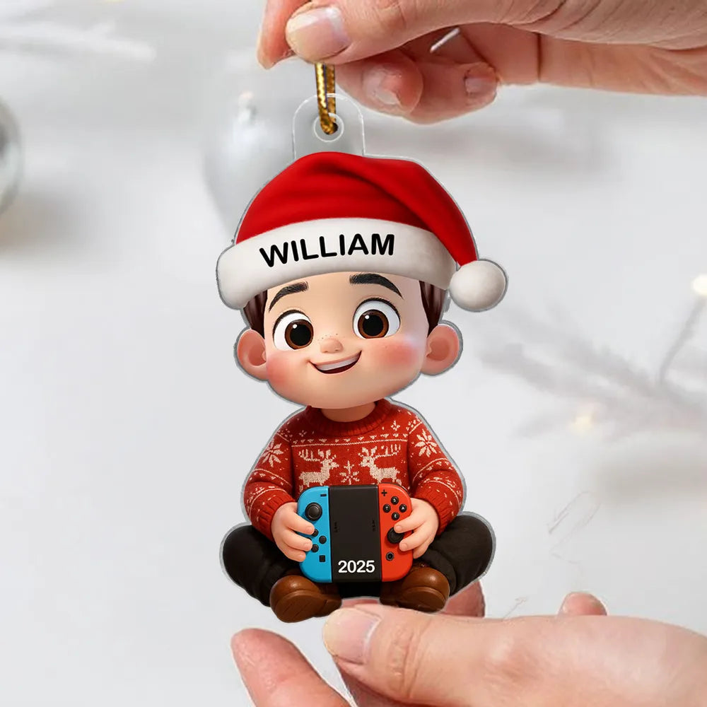 Personalized Cartoon Christmas Ornament with custom name, playful Nintendo Switch design, perfect gift for kids and gamers, ideal for holiday decorating