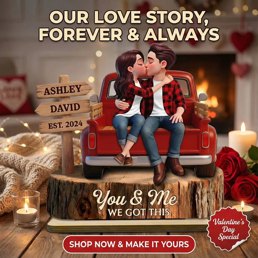 2-Layer Wooden Plaque Personalized Couple Keepsake, Cozy Red Truck Kissing Scene for Living Room Display, Heartfelt Gift