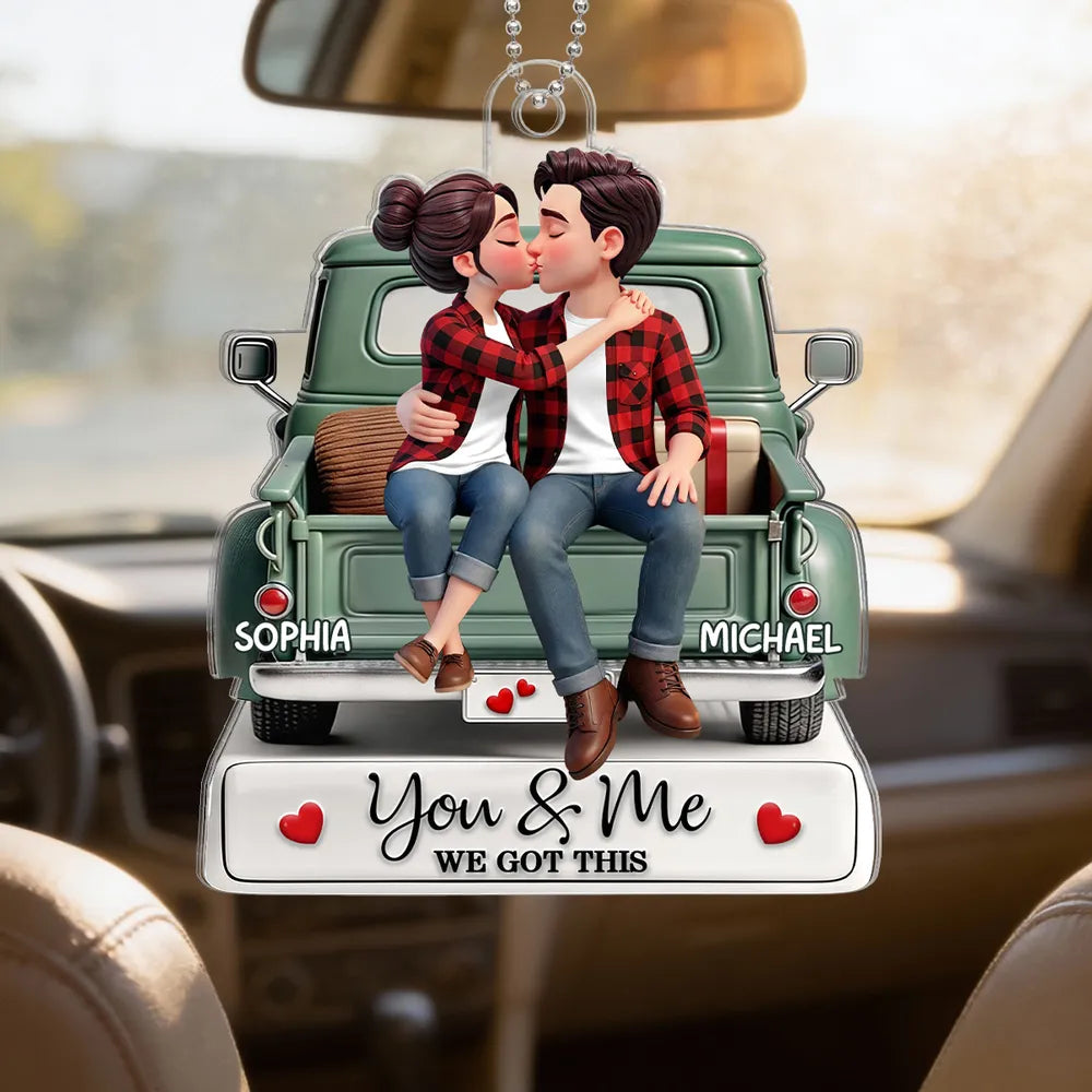 Personalized Acrylic Car Hanger Couple Kissing on a Truck, You & Me We Got This Mirror Decor, Unique Gift