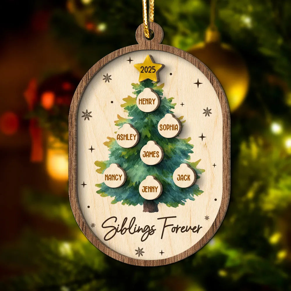 Personalized 2-Layer Wooden Ornament for Siblings Christmas Tree Decor, Custom Family Names Keepsake Gift