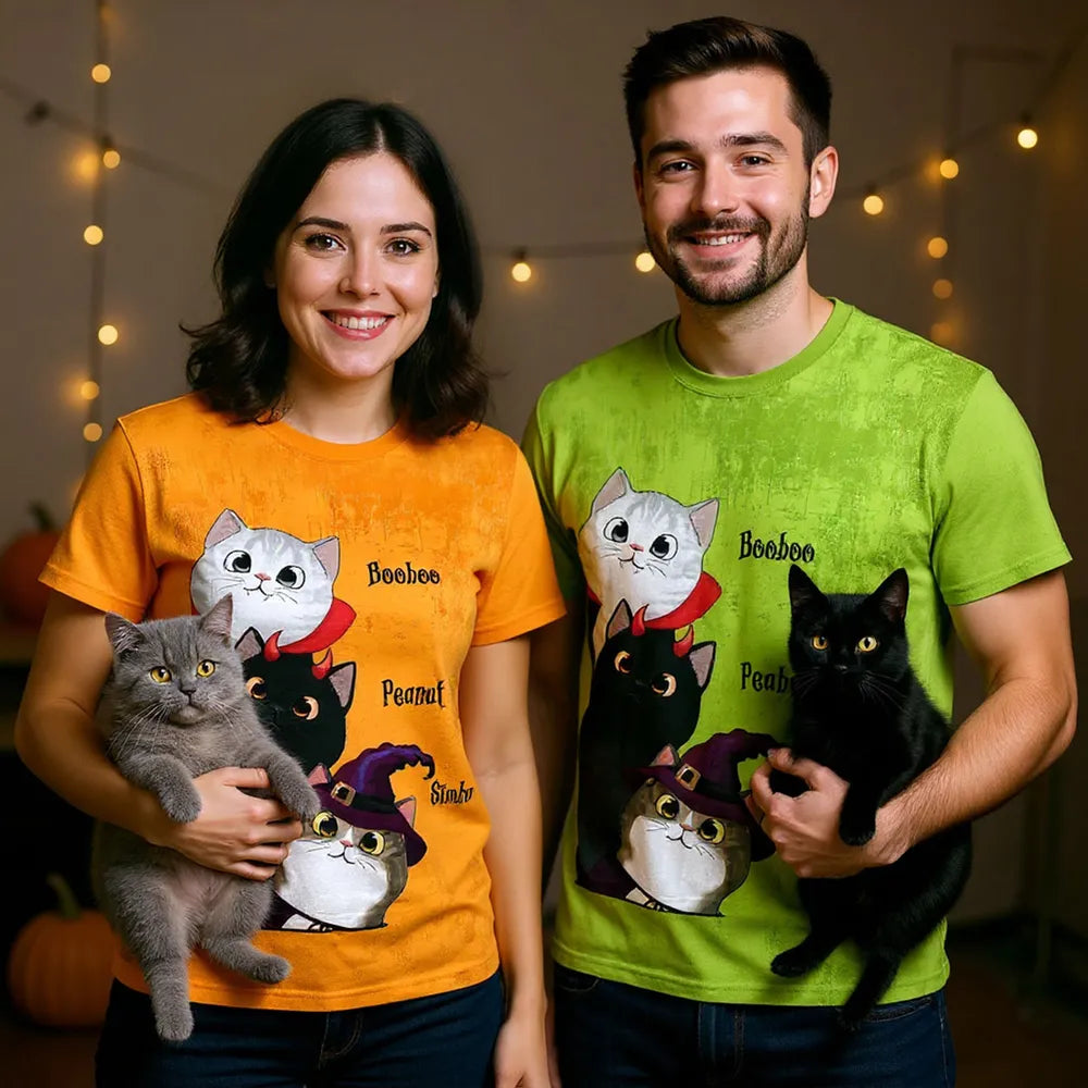 Classic Tee with Whimsical Cat Print, Halloween Vibes, Heartwarming Gift Option for Friends