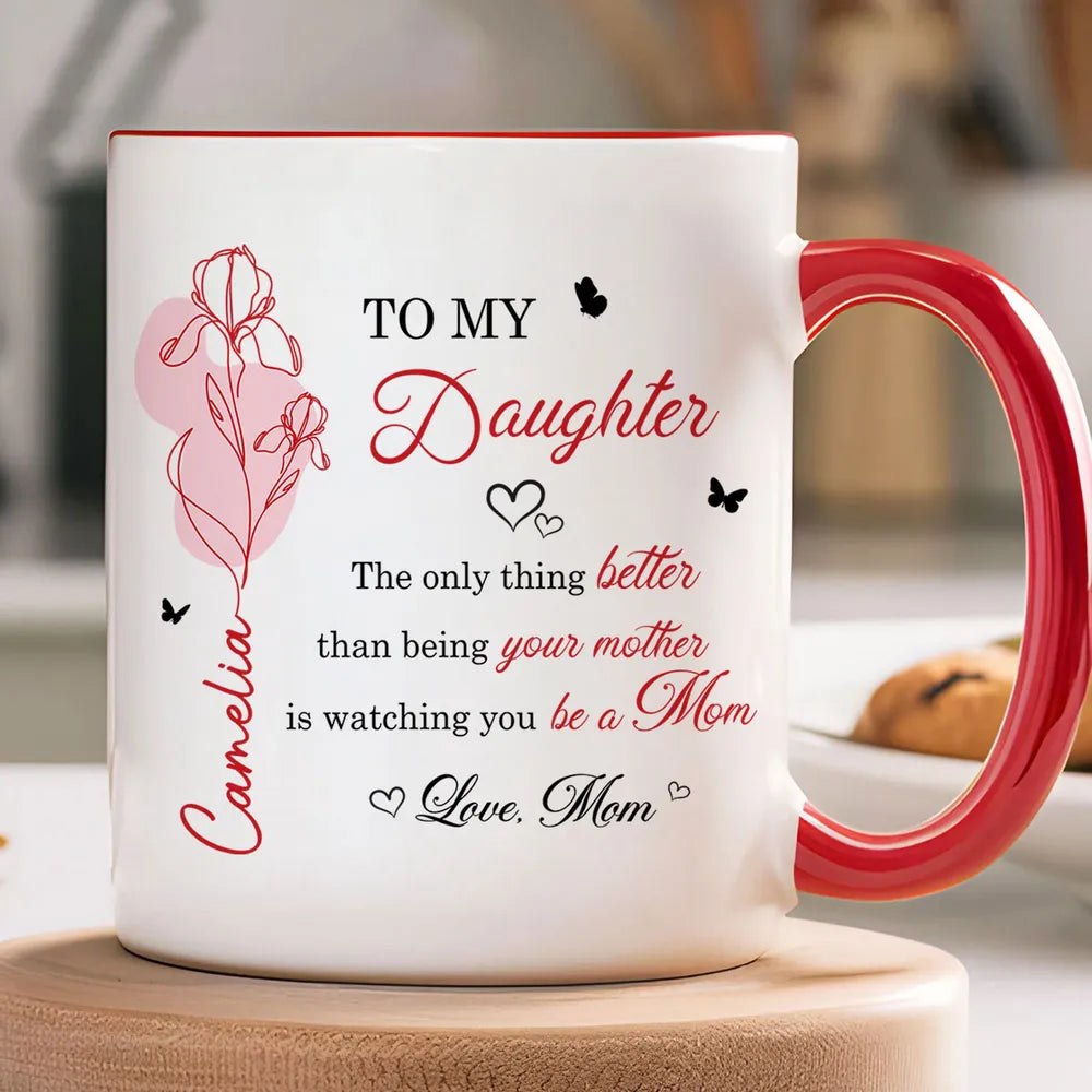 Personalized Ceramic Mug with Heartfelt Daughter Quote and Floral Line Art, Unique Mother's Day Gift from Mom