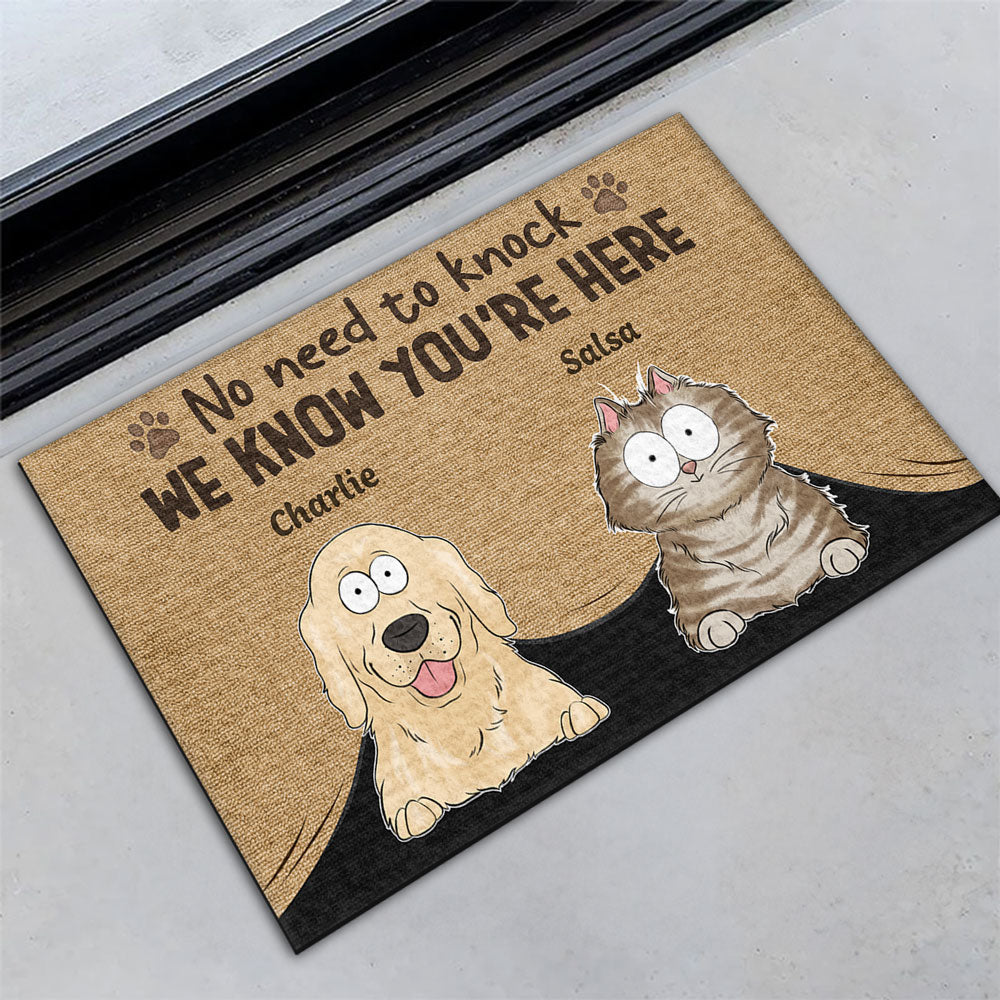 Personalized Pet Doormat – Funny 'No Need to Knock' Welcome Mat with Custom Dog & Cat Names – Perfect Gift for Dog & Cat Lovers, Housewarming Decor