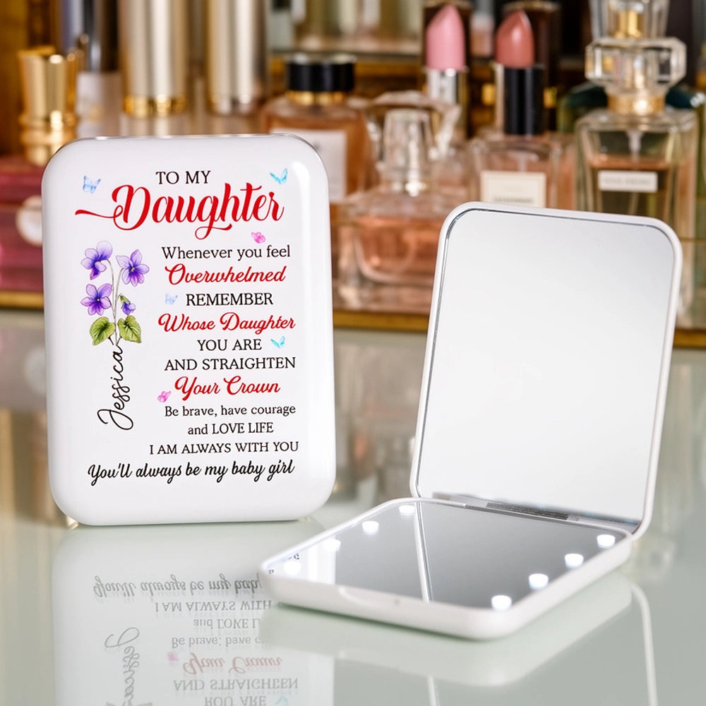Personalized Be Brave LED Pocket Mirror, Encouraging Quote for Daughter, Purple Floral Butterflies, Unique Gift